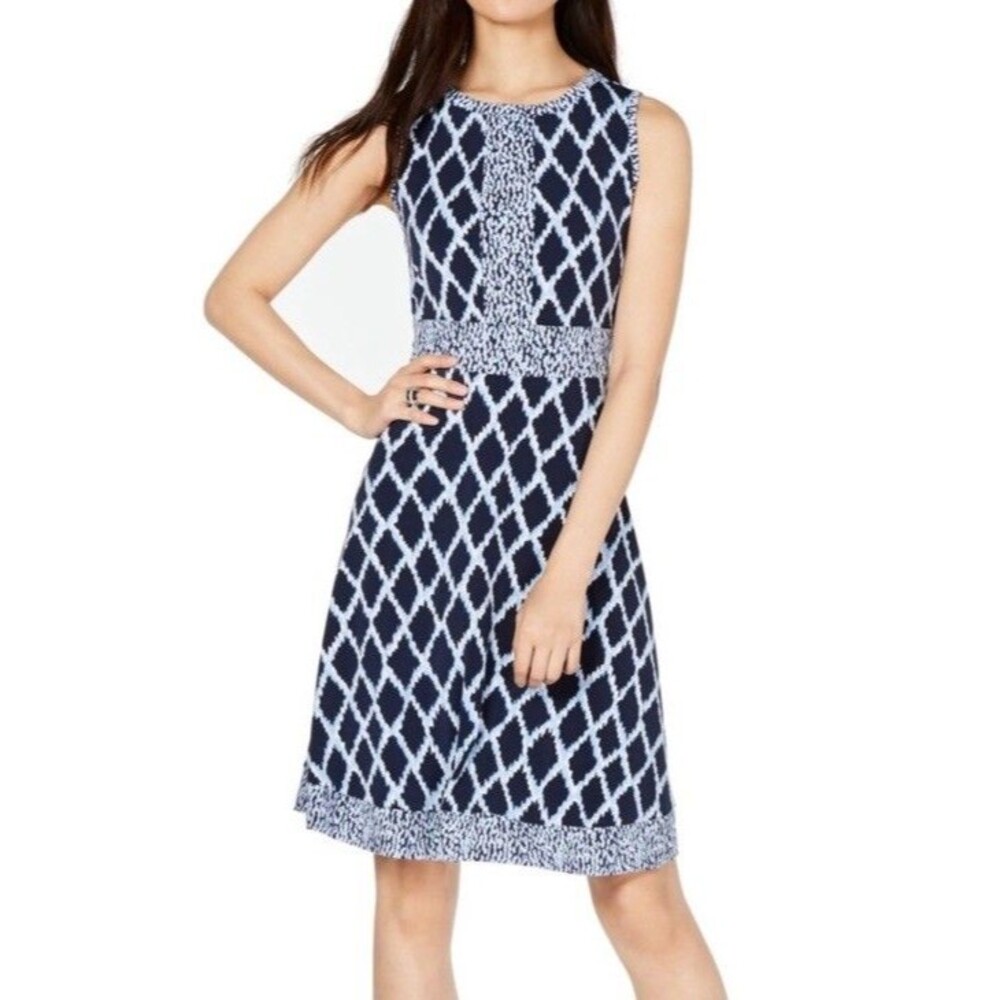 MICHAEL KORS  Medium A-Line Dress Blue White Sleeveless Stretch Knit Knee Length